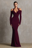 Burgundy Mermaid Long Sleeves Halter Formal Dress