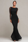 Black Mermaid Boat Neck Long Formal Dress with Sleeves