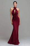 Burgundy Halter Long Mermaid Formal Dress with Ruffles
