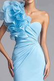 Light Blue One Shoulder Mermaid Maxi Formal Dress with 3D Flower