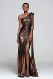 Sparkly Brown One Shoulder Mermaid Metallic Maxi Formal Dress with Slit