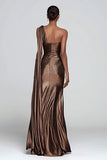 Sparkly Brown One Shoulder Mermaid Metallic Maxi Formal Dress with Slit