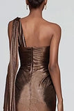 Sparkly Brown One Shoulder Mermaid Metallic Maxi Formal Dress with Slit