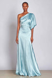 Light Blue One Shoulder Mermaid Satin Long Formal Dress with Sleeves