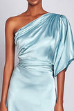 Light Blue One Shoulder Mermaid Satin Long Formal Dress with Sleeves