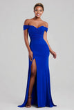 Royal Blue Mermaid Off the Shoulder Maxi Formal Dress with Slit
