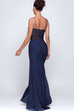 Navy Spaghetti Straps Mermaid Lace Maxi Formal Dress with Slit