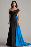 Patchwork A Line Sweep Train Black and Blue Dress