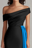 Patchwork A Line Sweep Train Black and Blue Dress