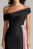 Patchwork A Line Sweep Train Black and Blue Dress