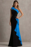 Black and Light Blue Mermaid One Shoulder Maxi Formal Dress with Ruffles
