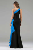 Black and Light Blue Mermaid One Shoulder Maxi Formal Dress with Ruffles
