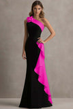 Black and Light Blue Mermaid One Shoulder Maxi Formal Dress with Ruffles