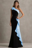 Black and Light Blue Mermaid One Shoulder Maxi Formal Dress with Ruffles