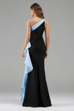 Black and Light Blue Mermaid One Shoulder Maxi Formal Dress with Ruffles