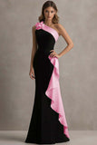 Black and Light Blue Mermaid One Shoulder Maxi Formal Dress with Ruffles