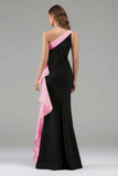 Black and Light Blue Mermaid One Shoulder Maxi Formal Dress with Ruffles