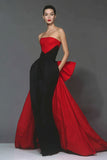 Black and Red Mermaid Strapless Long Evening Dress with Cape