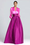 Fuchsia and Magenta Satin V-Neck A-Line Maxi Evening Dress with Sleeves