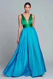 Green and Blue Satin A-Line V-Neck Long Evening Dress