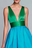 Green and Blue Satin A-Line V-Neck Long Evening Dress
