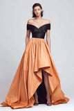Black and Orange A-Line Off the Shoulder High Low Formal Dress