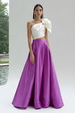 White and Purple One Shoulder Satin A-Line Maxi Evening Dress