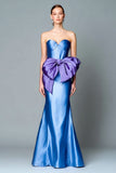 Blue and Tahiti Strapless Mermaid Satin Long Gala Dress with Bow