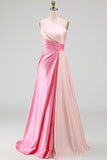 Pink Satin One Shoulder A Line Maxi Formal Dress