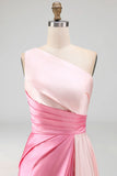 Pink Satin One Shoulder A Line Maxi Formal Dress