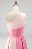 Pink Satin One Shoulder A Line Maxi Formal Dress