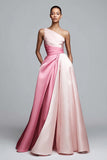 Pink Satin One Shoulder A Line Maxi Formal Dress