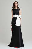 Black and White Boat Neck Mermaid Long Formal Dress with Bow