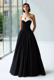 Black and White A Line Satin Sweetheart Long Formal Dress