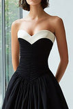 Black and White A Line Satin Sweetheart Long Formal Dress