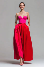 Red and Fuchsia Satin A Line Strapless Maxi Formal Dress