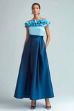 Sky Blue and Dark Blue A Line Ruffled Satin Long Formal Dress