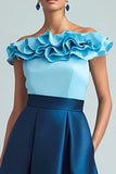 Sky Blue and Dark Blue A Line Ruffled Satin Long Formal Dress