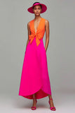 Orange and Fuchsia Deep V-Neck Maxi Formal Dress with Bow