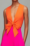 Orange and Fuchsia Deep V-Neck Maxi Formal Dress with Bow