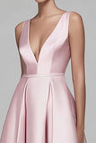 Pink and Navy A Line Patchwork Long Satin Formal Dress