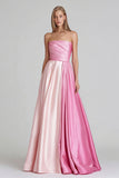 Pink Satin Strapless A Line Patchwork Long Formal Dress