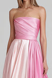 Pink Satin Strapless A Line Patchwork Long Formal Dress