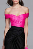 Black and Fuchsia Satin Off the Shoulder Maxi Gala Dress with Cape