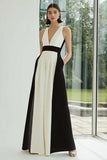 Black and White V-Neck Long Patchwork Formal Dress with Pockets