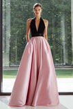 Black and Pink A Line Satin Long Formal Dress with Pockets