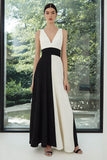 Black and White Patchwork V-Neck Long A Line Formal Dress
