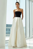 Simple Black and White Strapless A Line Long Formal Dress with Pockets