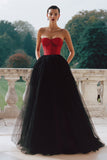 Black and Red Corset Strapless Tulle A Line Long Formal Dress