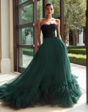 Black and Green Tulle A Line Long Strapless Formal Dress